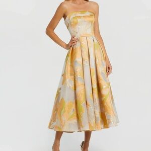 NWT Mac Duggal Beige and Orange Strapless Brocade Midi Dress with Pockets